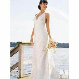 David's Bridal Galina SZ 4 Ivory Floral Burnout Halter Wedding Gown Beach Island